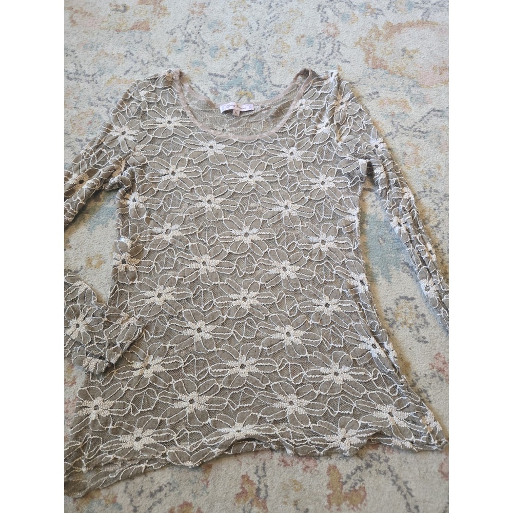 VTG Cottagecore Floral Lace Long Sleeve Top Sheer Brown Overlay Nude Boho Layer
